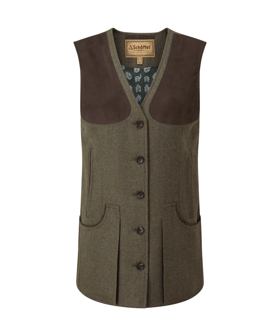 Schoffel Tweed Shooting Vest Loden Green Herringbone Tweed (Womens)
